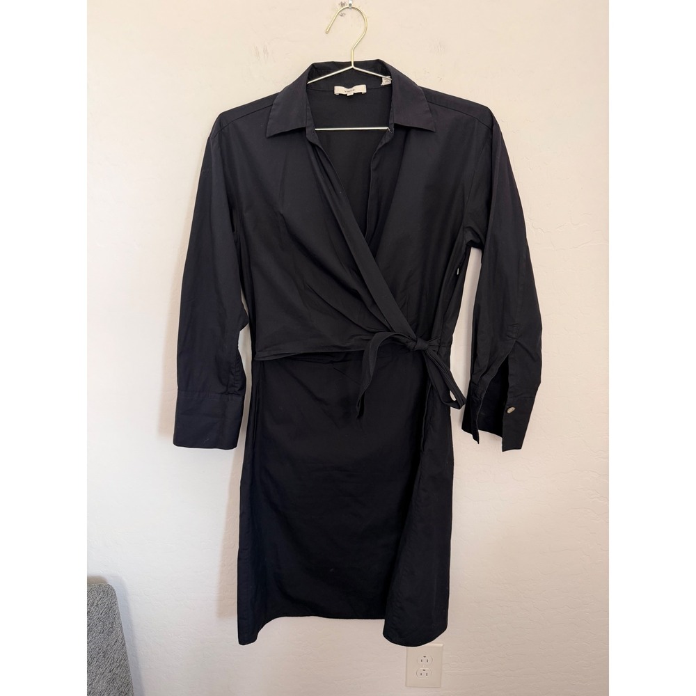 VINCE Navy Blue Japanese Cotton Poplin Long Sleeve Wrap Minimalist Dress Sz 6